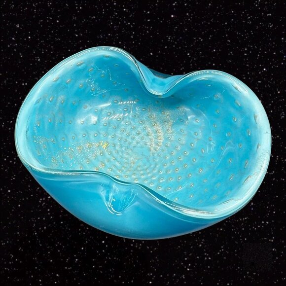 Other - Murano Mid Century Art Glass Bowl Ashtray Blue Gold Aventurine Glitter 5”W 2”T